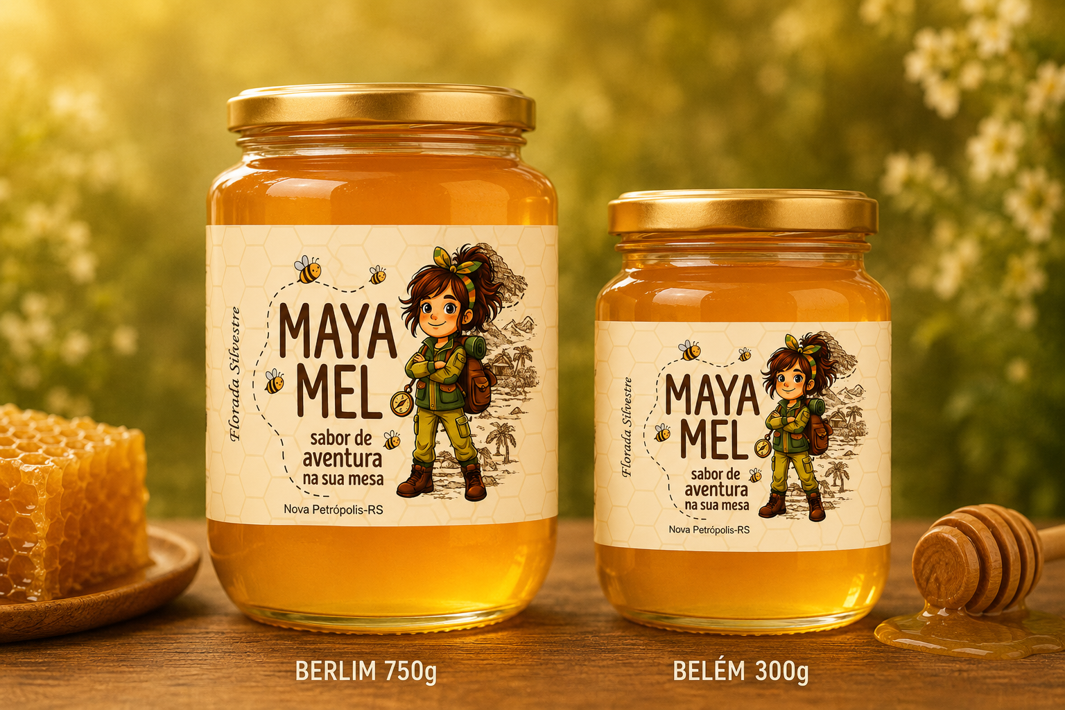 Potes de mel Maya Mel Berlim 750g e Belém 300g sobre mesa de madeira